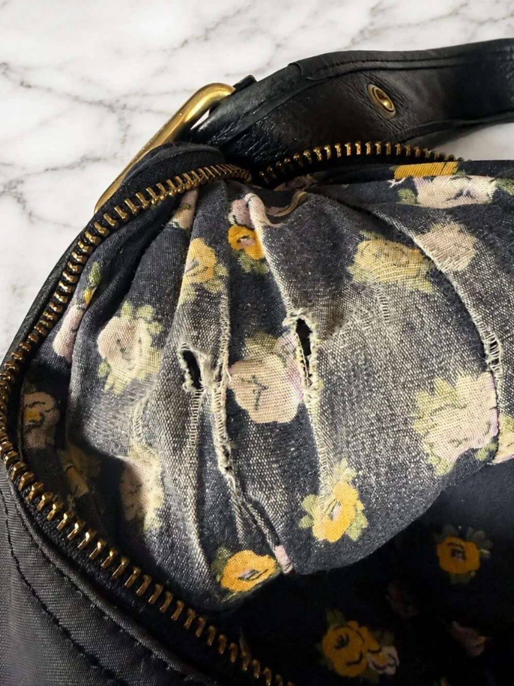 Coach Cargo Hobo Bag Black Nylon Pebble Leather Floral Rose Lining 3171
